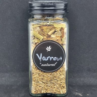 Glass jar filled with yarrow herb, labeled "Yarrow - Natural".